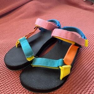 Teva Pink, Yellow, Blue and Orange Strappy Sandals color block Velcro size 1